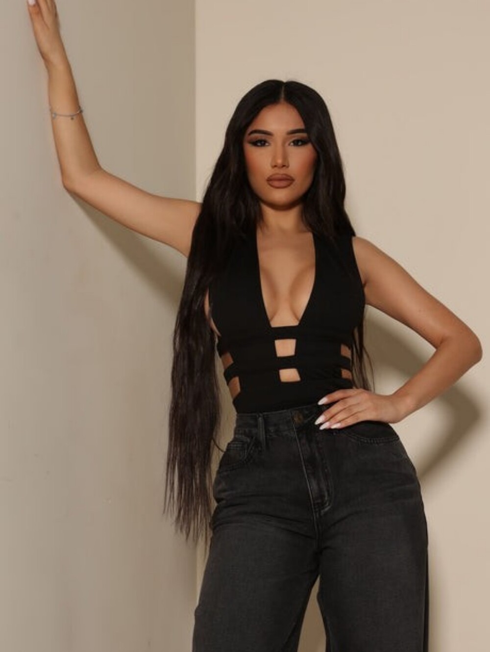 Black Strappy Low-cut Bodysuit